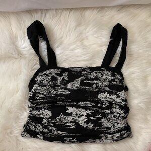 FREE PEOPLE Two Tone Toile Garden Ruched Cropped Tank Top in Black/White Sz L
